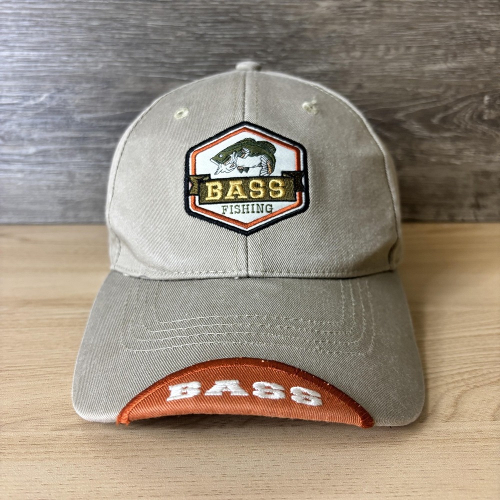 Bass Fishing Hat Cap Strap Back Embroidered Patch Mens Khaki Tan Orange Outdoors